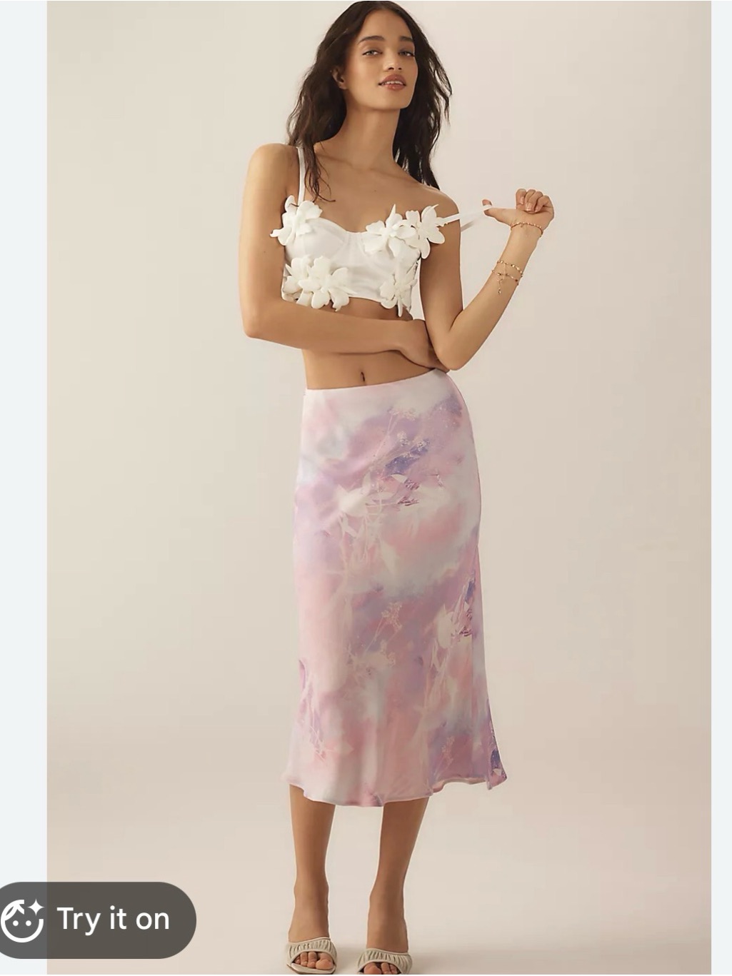 Anthropologie Pastel Watercolor Satin Midi Skirt - Pink & White
